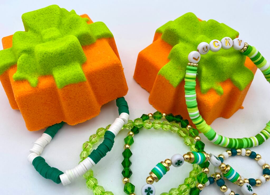 Gift Box with Bow Bath Bomb with Toy Bracelet Inside (Orange / Green) - Berwyn Betty's Bath & Body Shop