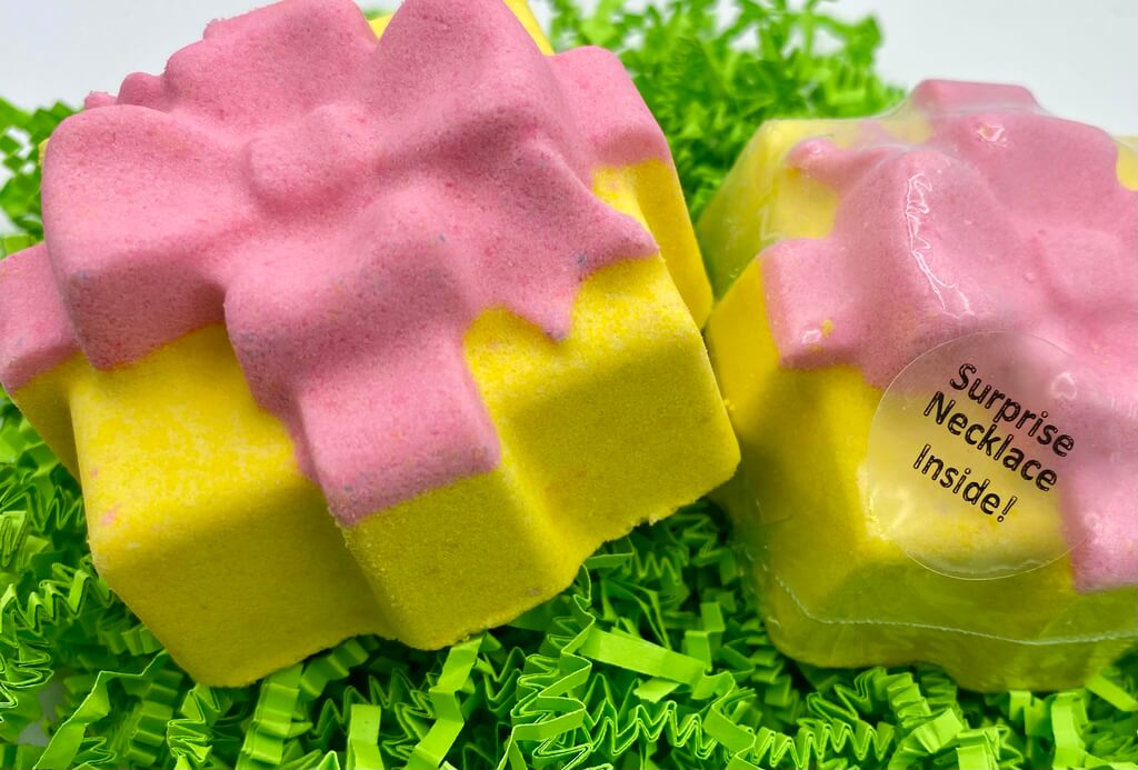 Gift Box with Bow Bath Bomb with Wooden Necklace Inside (Yellow / Pink) - Berwyn Betty's Bath & Body Shop