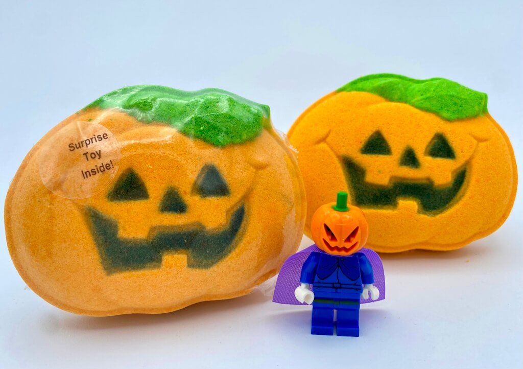 Happy Pumpkin Bath Bomb with Halloween Minifigure Inside - Berwyn Betty's Bath & Body Shop