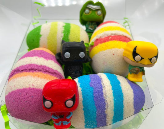 Superhero Egg Bath Bomb Gift Box with Superhero Minifigure Toys Inside - 4 ct - Berwyn Betty's Bath & Body Shop